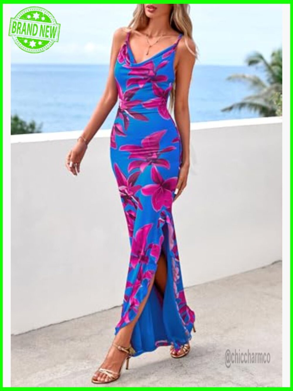 Bodycon Floral Maxi Dress Mermaid Hem Spaghetti Straps Backless Summer - Picture 6 of 7